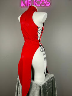 Vintage PU Leather Satin Cheongsam Lingerie Sexy Party Dress Costume-7