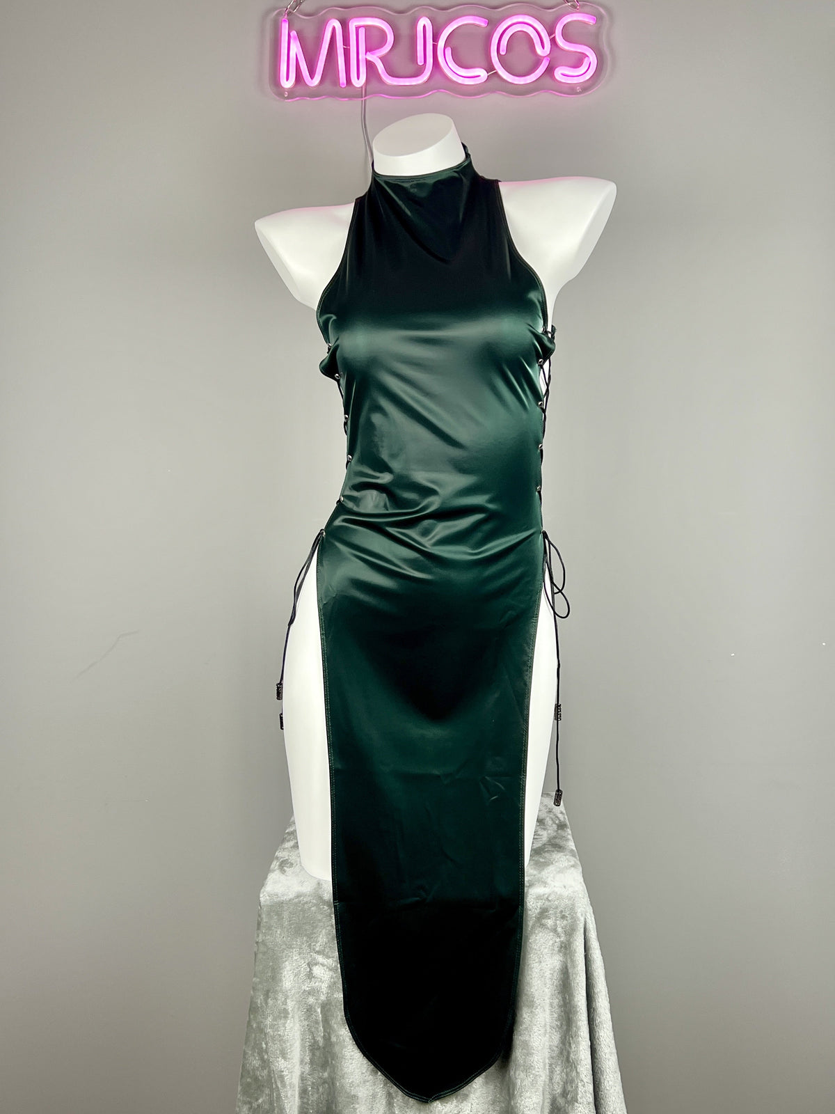Vintage PU Leather Satin Cheongsam Lingerie Sexy Party Dress Costume-23