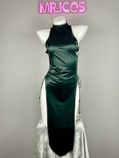 Vintage PU Leather Satin Cheongsam Lingerie Sexy Party Dress Costume-23