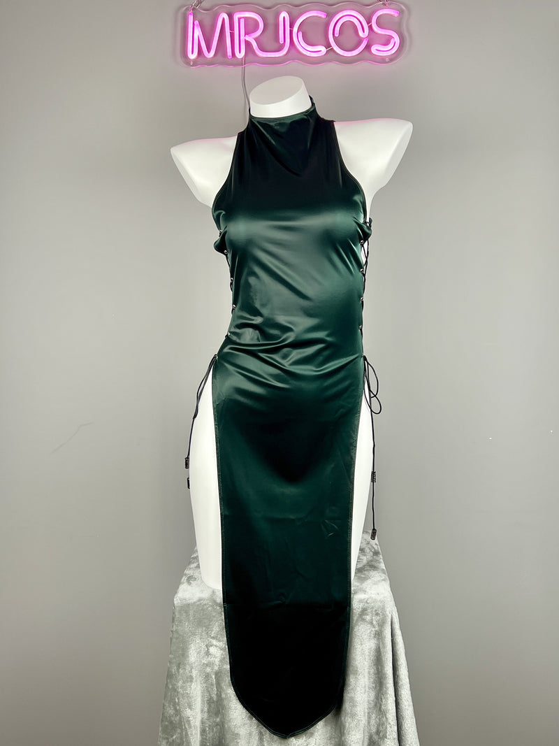 Vintage PU Leather Satin Cheongsam Lingerie Sexy Party Dress Costume-23