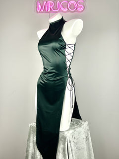 Vintage PU Leather Satin Cheongsam Lingerie Sexy Party Dress Costume-21