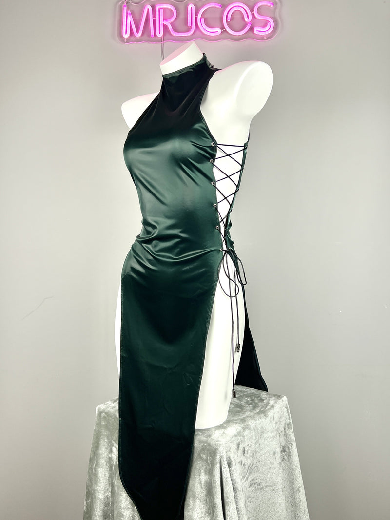 Vintage PU Leather Satin Cheongsam Lingerie Sexy Party Dress Costume-21