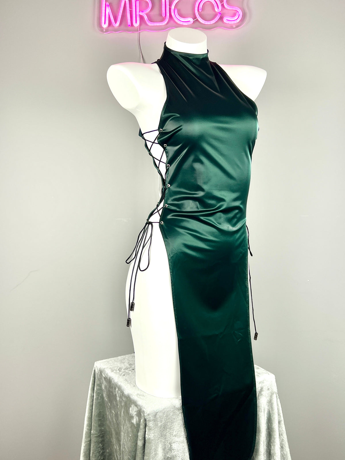 Vintage PU Leather Satin Cheongsam Lingerie Sexy Party Dress Costume-22