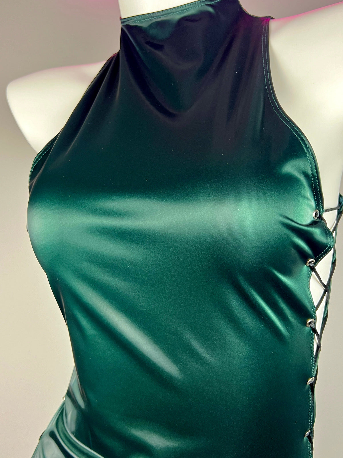 Vintage PU Leather Satin Cheongsam Lingerie Sexy Party Dress Costume-24