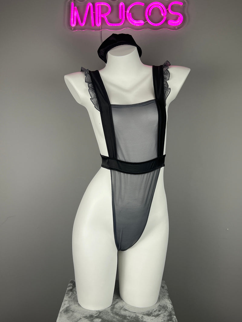 Sexy Maid Sheer Halter Bodysuit Lingerie Set with Headband-8