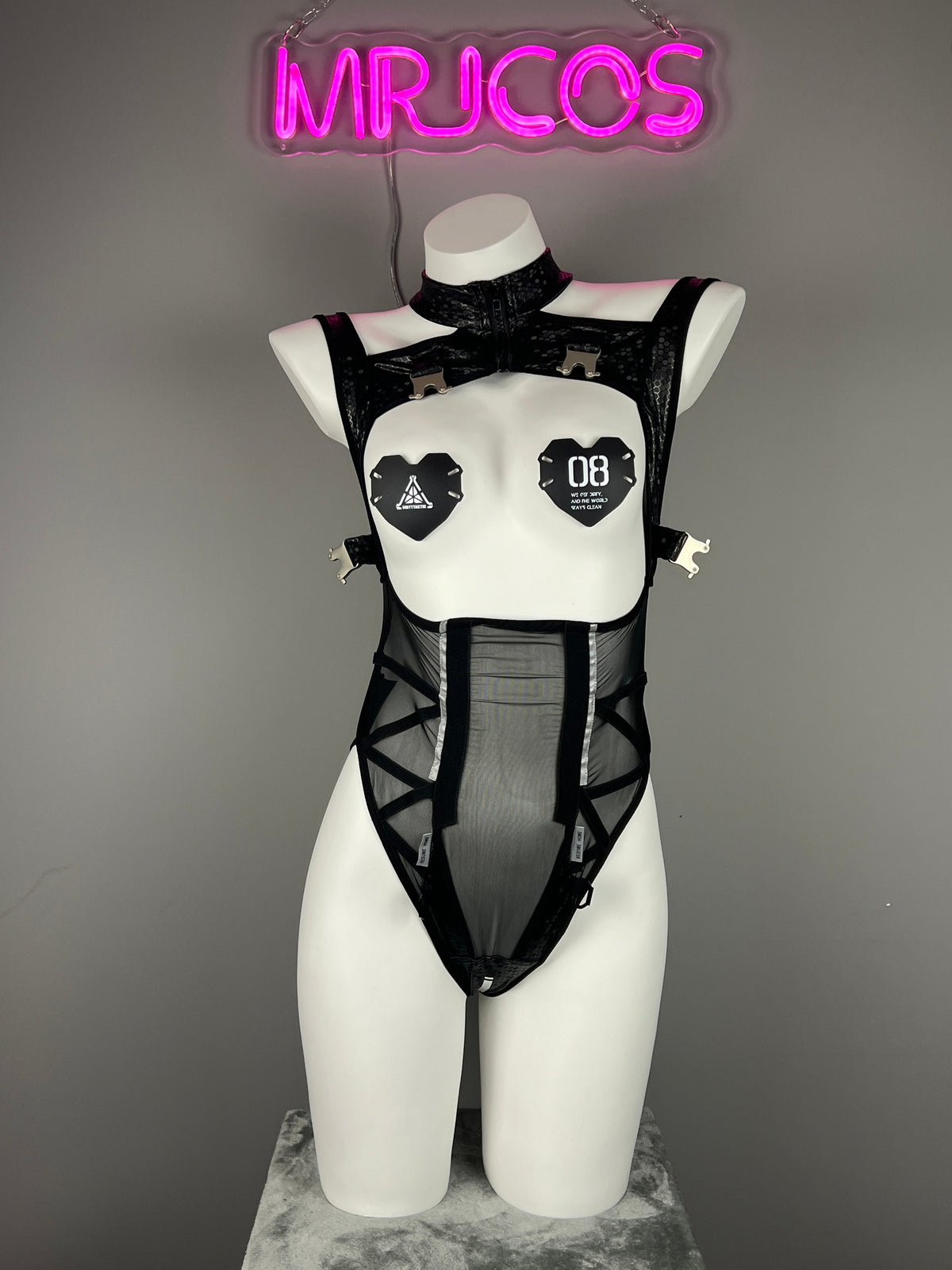Tactical Anime Girl PU Leather Sheer Mesh Sexy Cosplay Bodysuit Costume-5