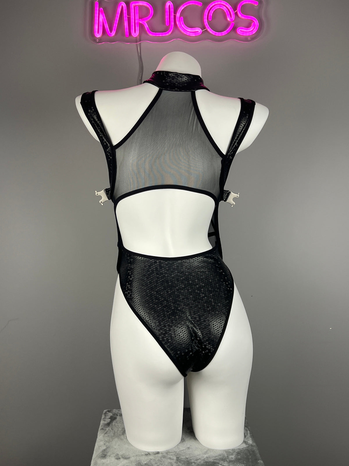 Tactical Anime Girl PU Leather Sheer Mesh Sexy Cosplay Bodysuit Costume-6