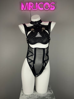 Tactical Anime Girl PU Leather Sheer Mesh Sexy Cosplay Bodysuit Costume-2