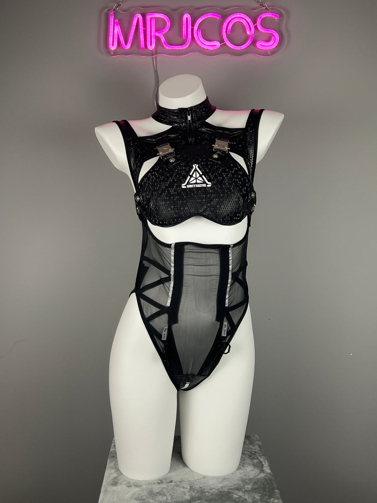 Tactical Anime Girl PU Leather Sheer Mesh Sexy Cosplay Bodysuit Costume-2