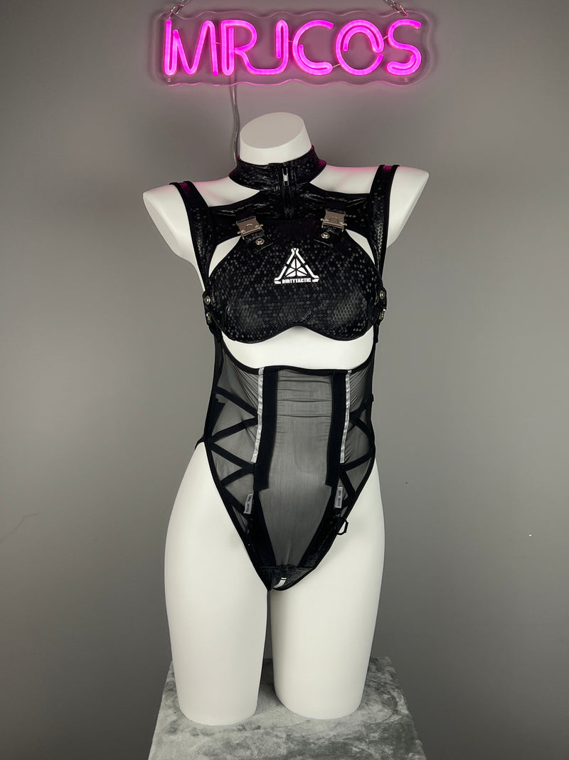 Tactical Anime Girl PU Leather Sheer Mesh Sexy Cosplay Bodysuit Costume-2