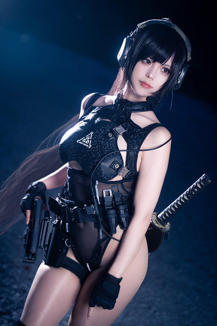 Tactical Anime Girl PU Leather Sheer Mesh Sexy Cosplay Bodysuit Costume-18