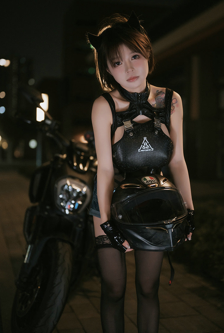 Tactical Anime Girl PU Leather Sheer Mesh Sexy Cosplay Bodysuit Costume-17