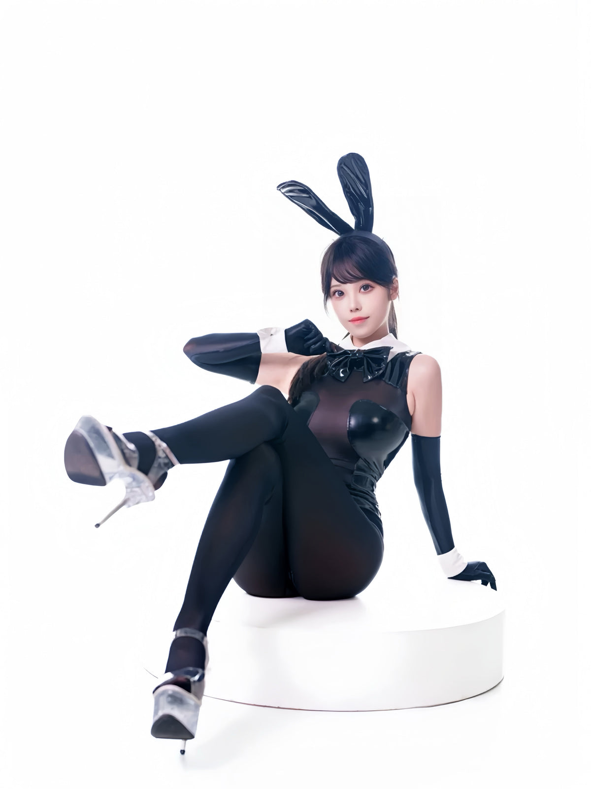 PU Leather Spandex See Through Bunny Girl Bodysuit Lingerie with Crotch Zipper-4
