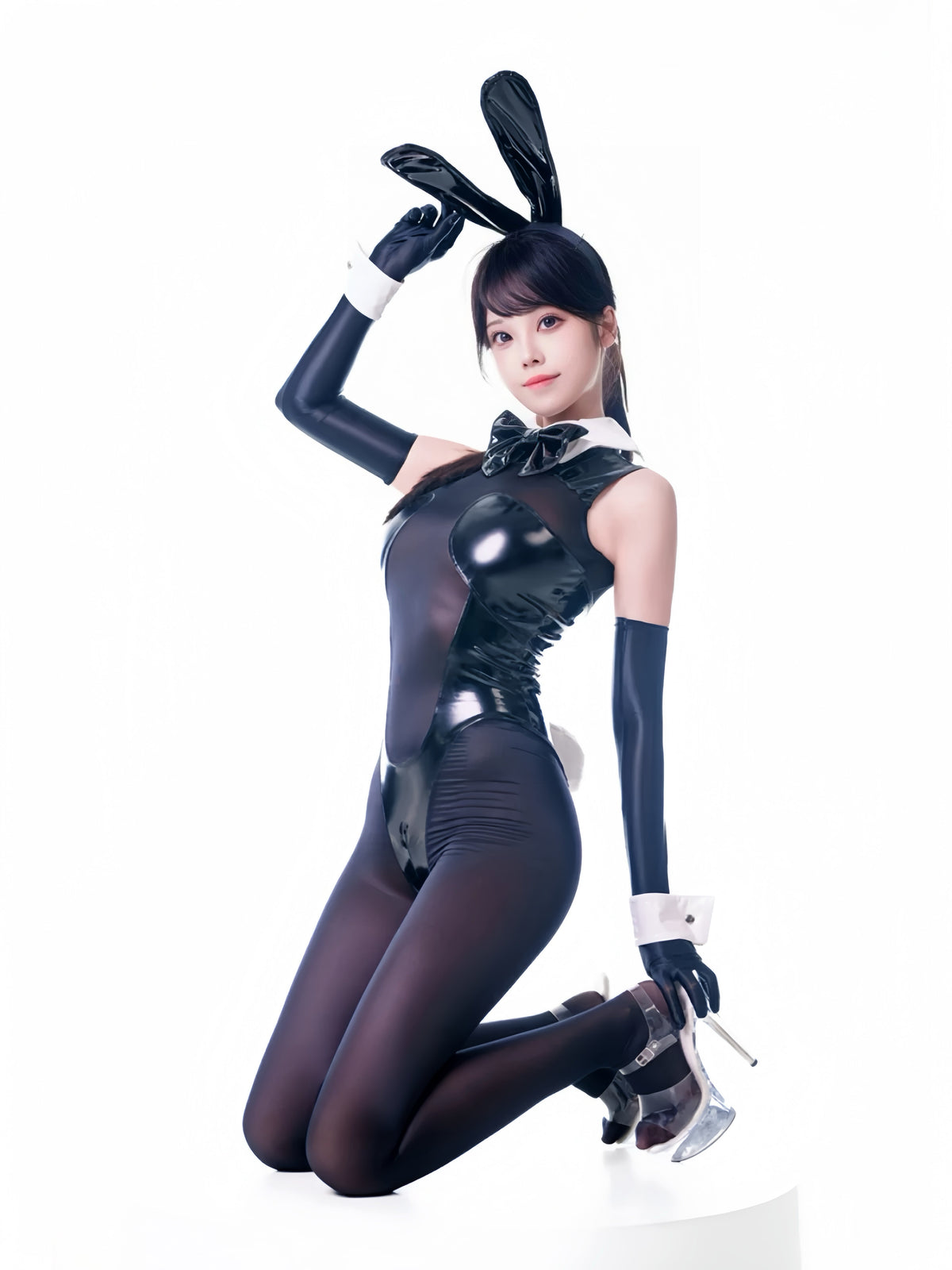 PU Leather Spandex See Through Bunny Girl Bodysuit Lingerie with Crotch Zipper-6