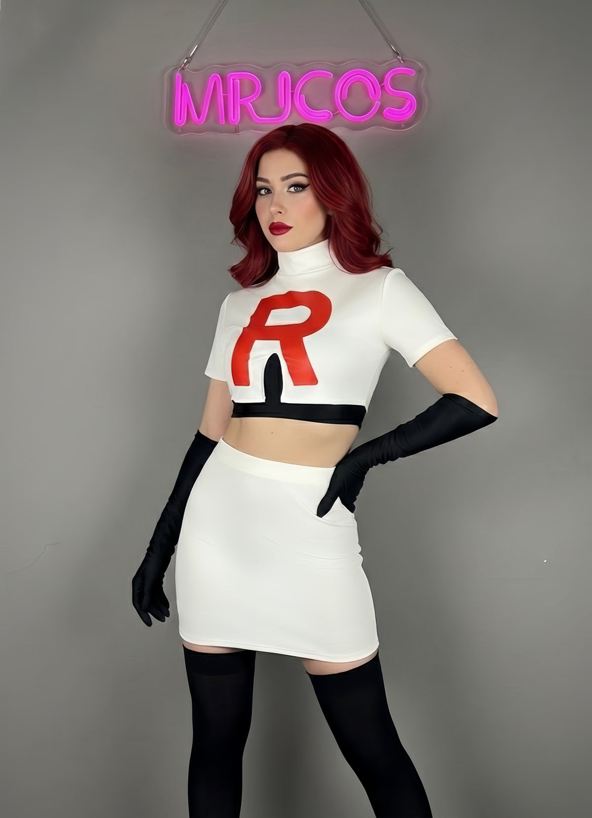 Anime Team Rocket Spandex Leather Cosplay Costume Set with Gloves and Skirt-9