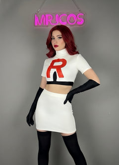 Anime Team Rocket Spandex Leather Cosplay Costume Set with Gloves and Skirt-9