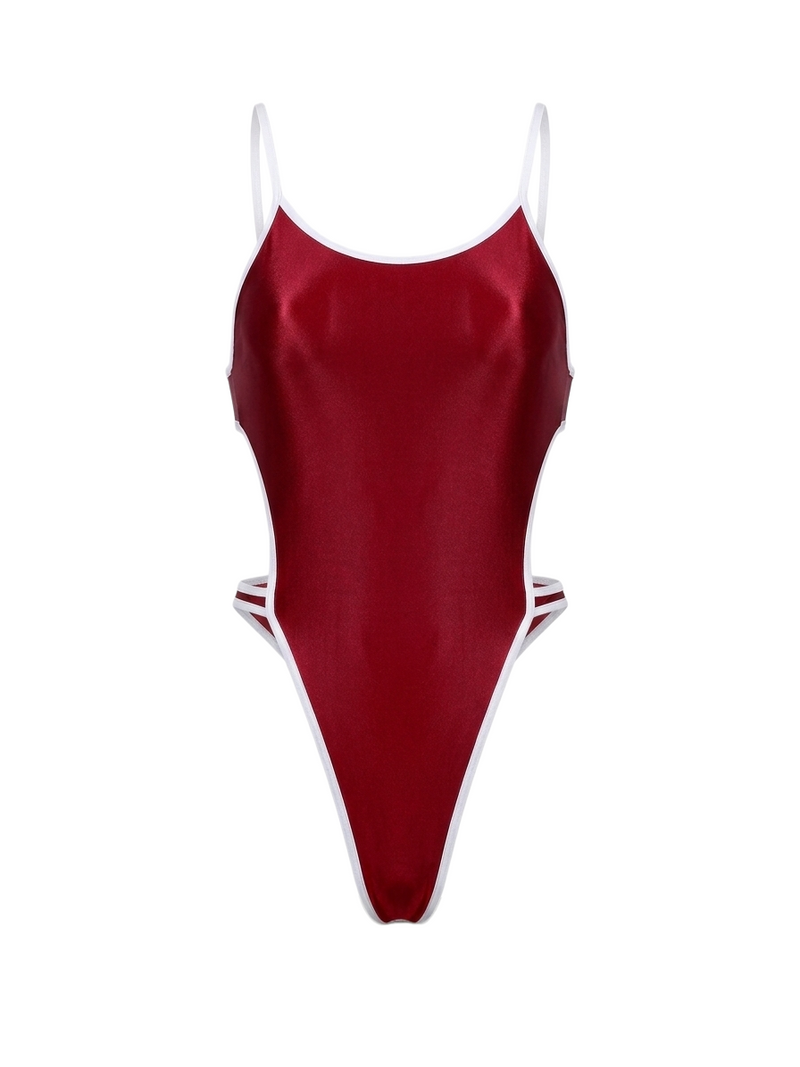Women's High-Cut One-Piece Satin Spandex BodySuit Swimsuit with Side Cutouts-11