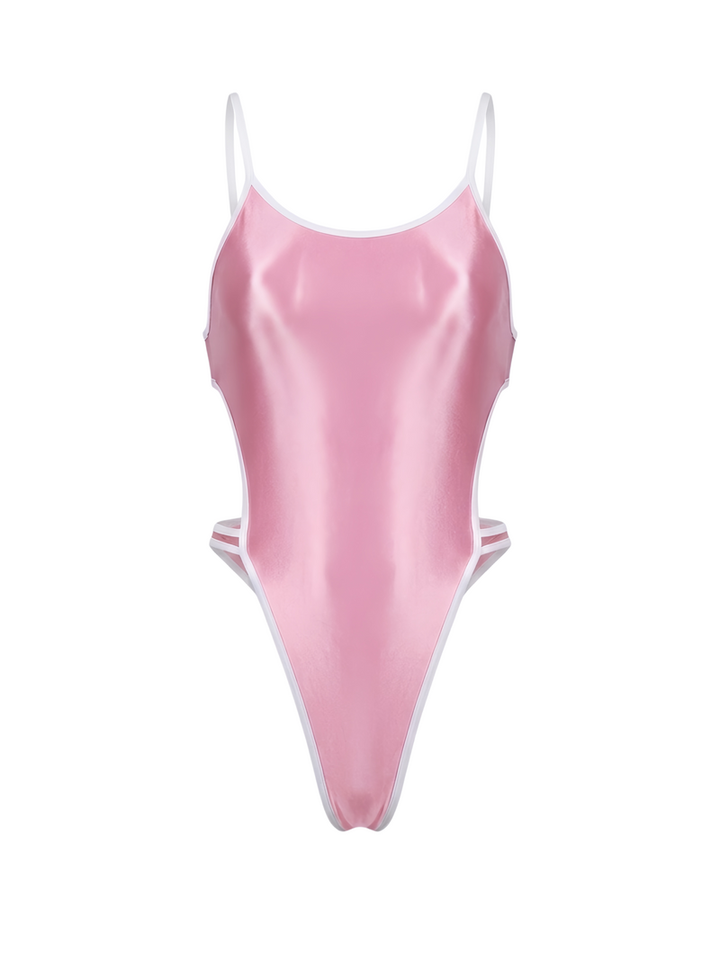 Women's High-Cut One-Piece Satin Spandex BodySuit Swimsuit with Side Cutouts-15