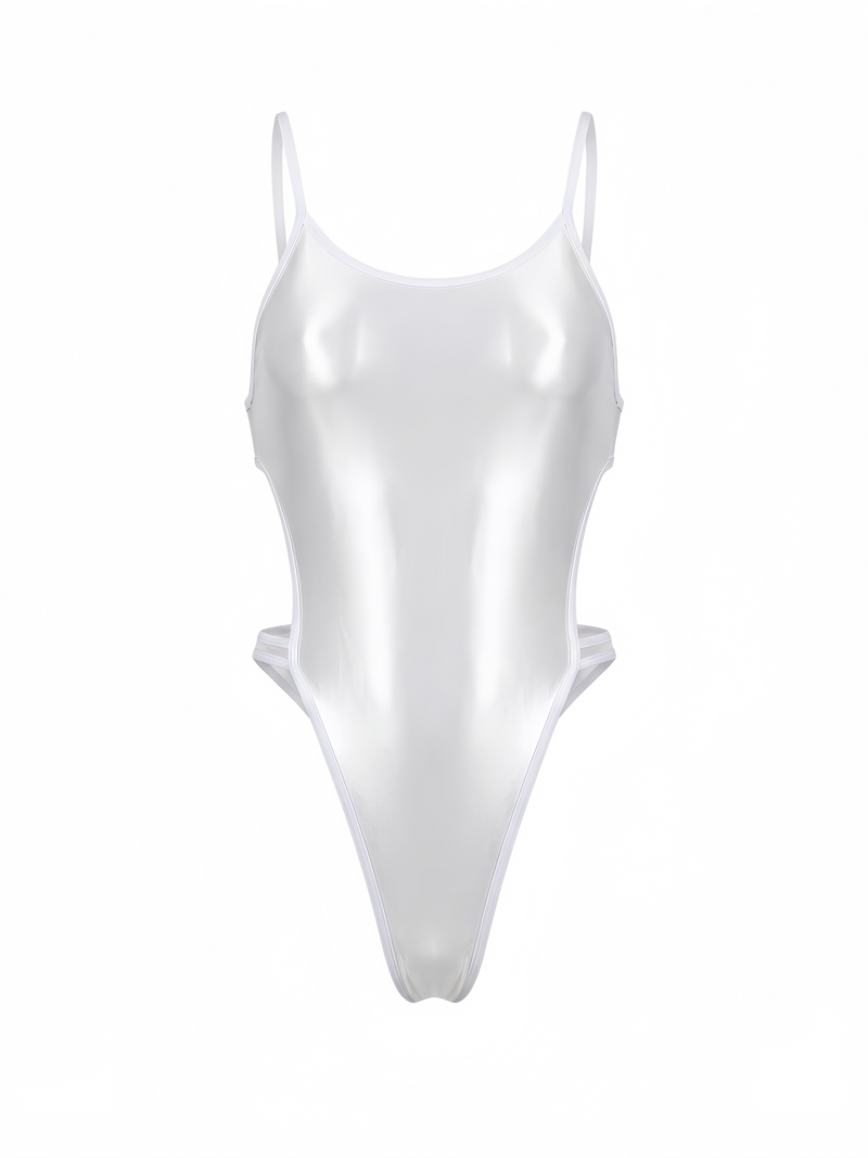 Women's High-Cut One-Piece Satin Spandex BodySuit Swimsuit with Side Cutouts-19