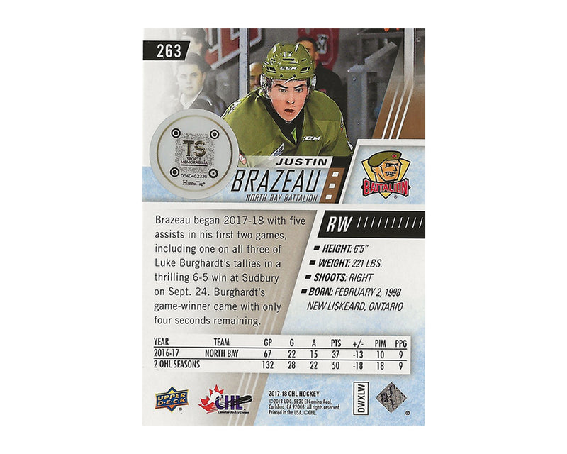 Justin Brazeau Autographed 2017-18 Upper Deck CHL #263 Hockey Card-2