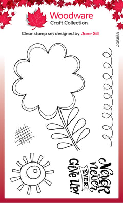 Woodware Clear Singles Petal Doodles Never Give Up Lot de tampons 4 po x 6 po-1