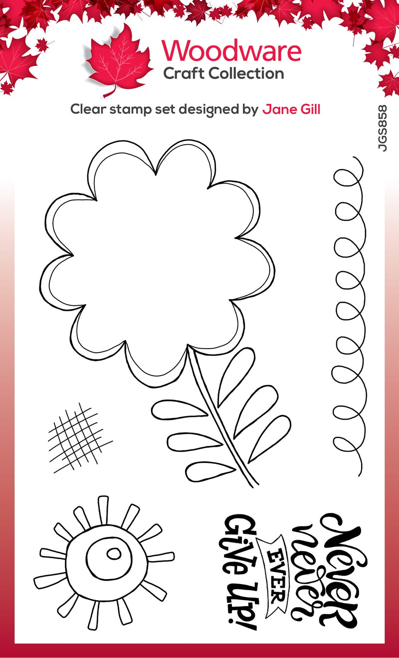 Woodware Clear Singles Petal Doodles Never Give Up Lot de tampons 4 po x 6 po-1