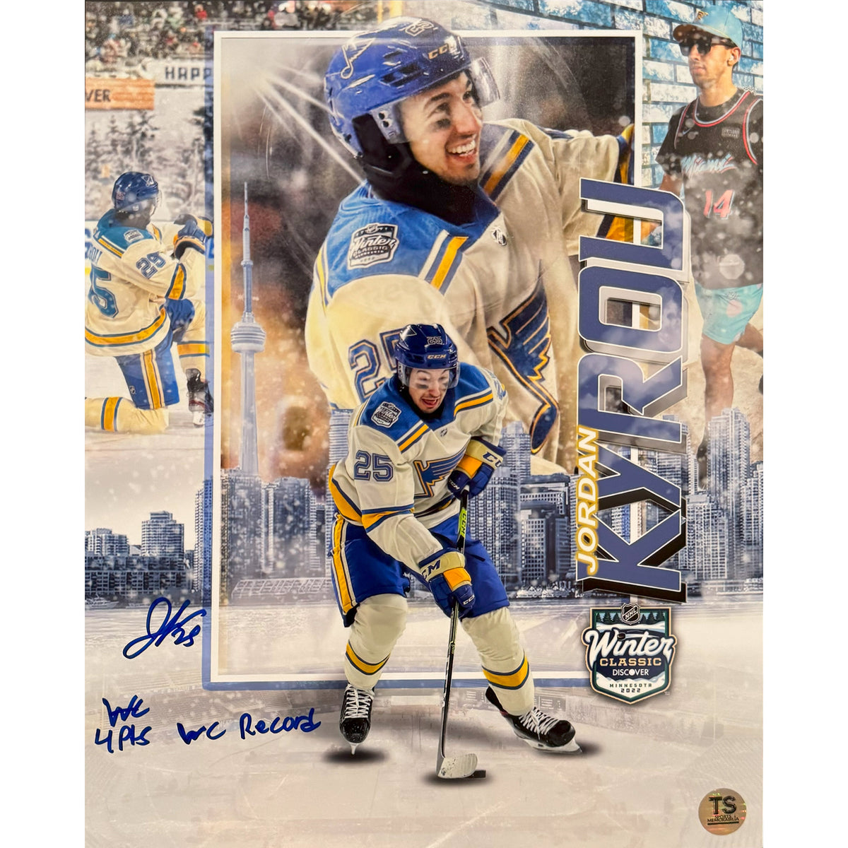 Jordan Kyrou Autographed St. Louis Blues 2022 Winter Classic Artwork 11x14 Photo Inscribed "4Pts WC Record" *As Is*-1