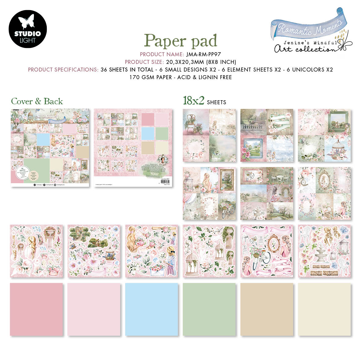 JMA Paper Pad Small Designs & Elements Romantic Moments 203x203x9mm 36 SH nr.97-2