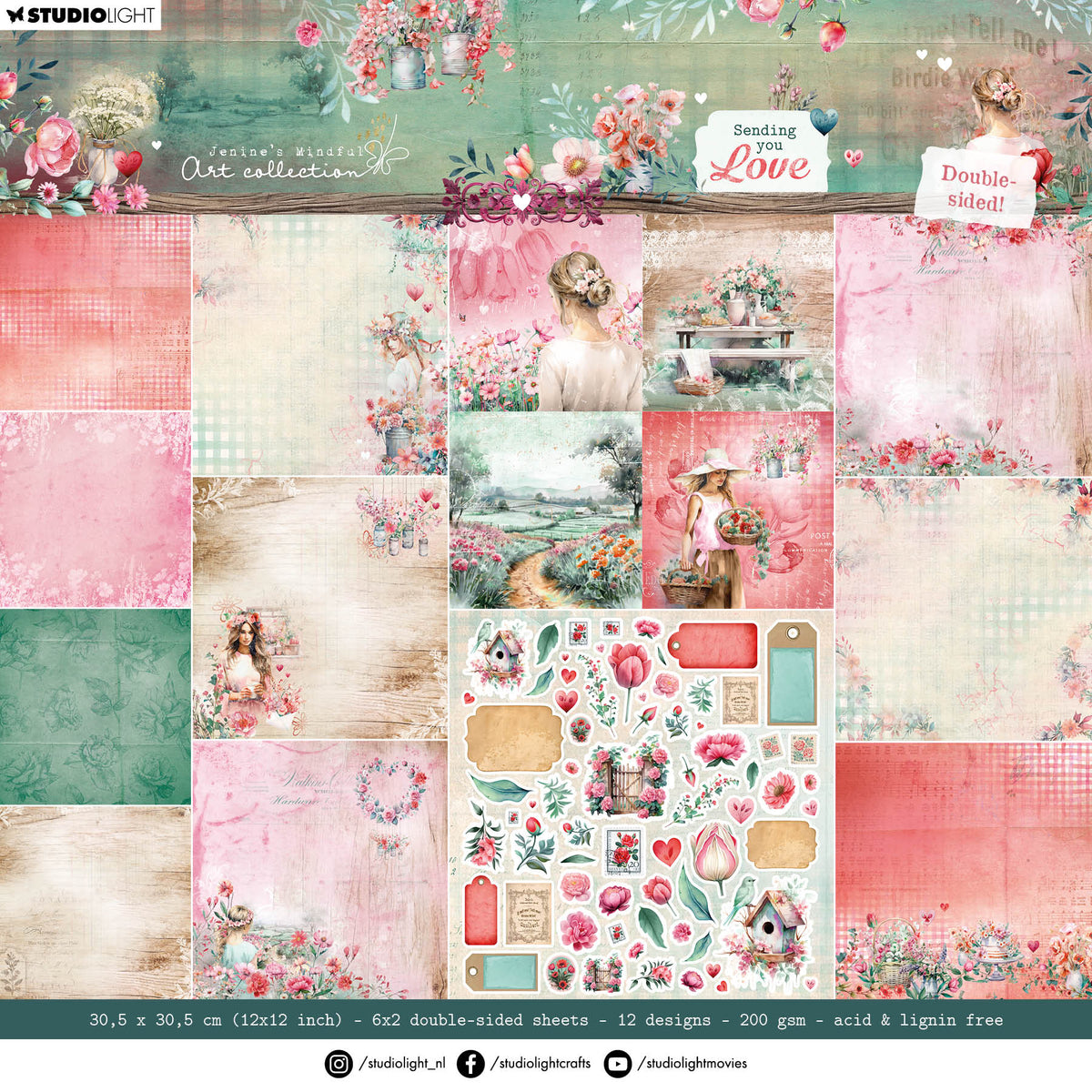 Bloc de papel decorativo de doble cara JMA para álbumes de recortes Sending You Love, 12 hojas