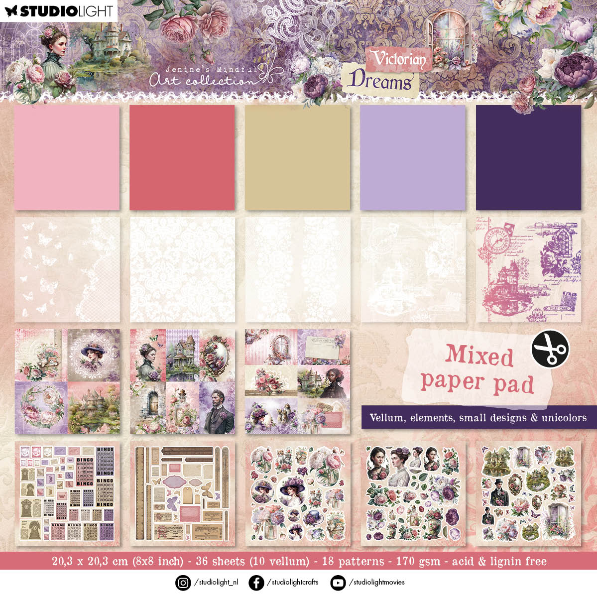 Bloc de papel mixto JMA Vellum, Unicolor y Elements Victorian Dreams 36 hojas
