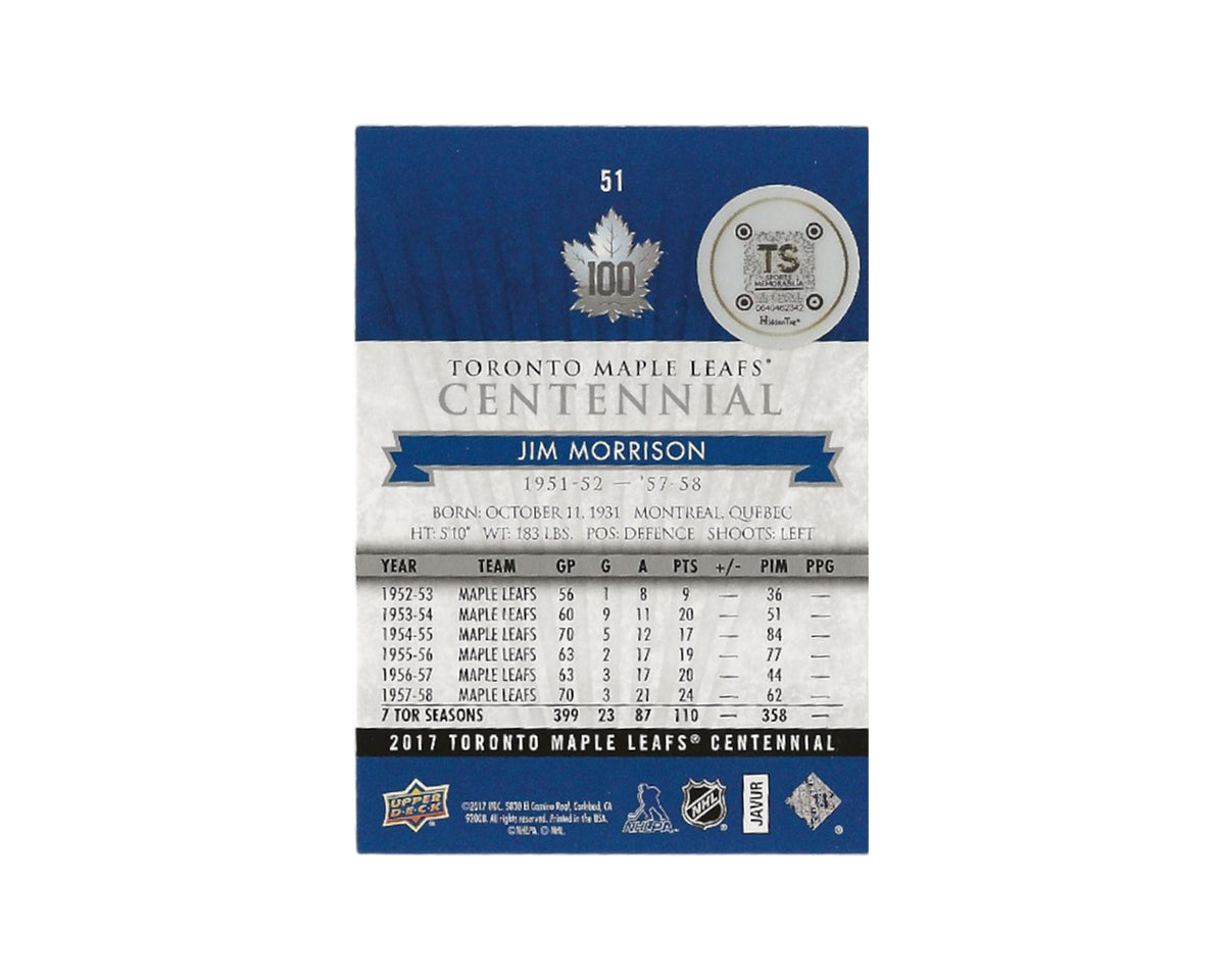 Jim Morrison Autographed 2017 Upper Deck Toronto Maple Leafs Centennial #51 Hockey Card-2
