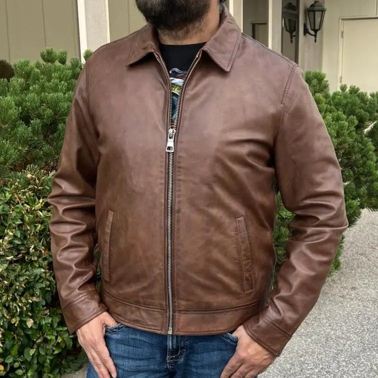 James Dean-Style Lamb Leather Jacket with Side Buckles-1