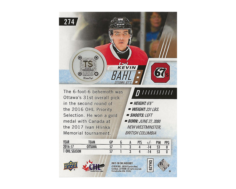 Kevin Bahl Autographed 2017-18 Upper Deck CHL #274 Hockey Card-2