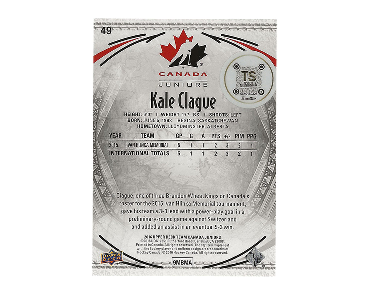 Kale Clague Autographed 2016-17 Upper Deck Team Canada #49 Hockey Card-2