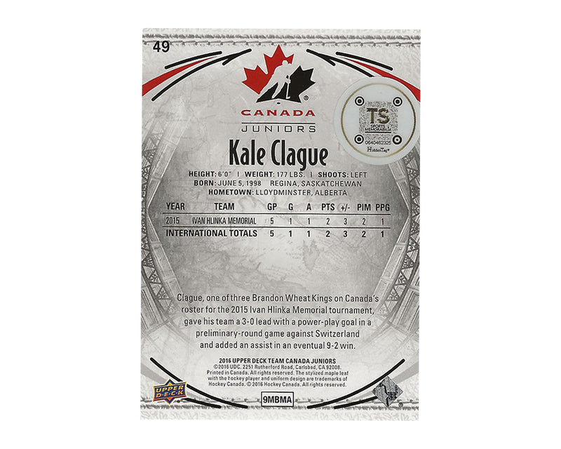 Kale Clague Autographed 2016-17 Upper Deck Team Canada #49 Hockey Card-2