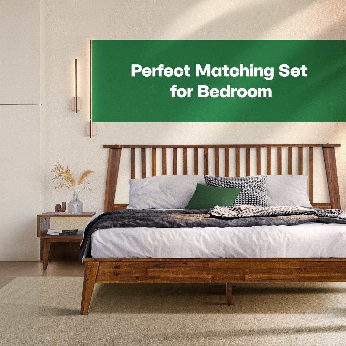 [Compre 1 y Reciba 1] Marco de Cama y Mesita de Noche de Madera Maciza Kaylin-11