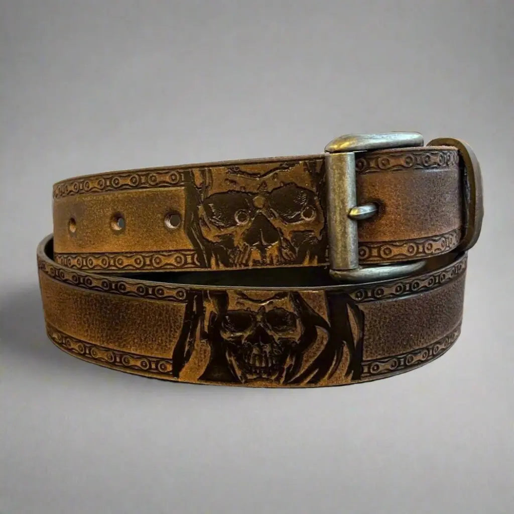 Keldon Men’s Full-Grain Leather Biker Belt. Skull Chain Embossed Design with Removable Buckle-2