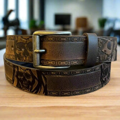 Keldon Men’s Full-Grain Leather Biker Belt. Skull Chain Embossed Design with Removable Buckle-1