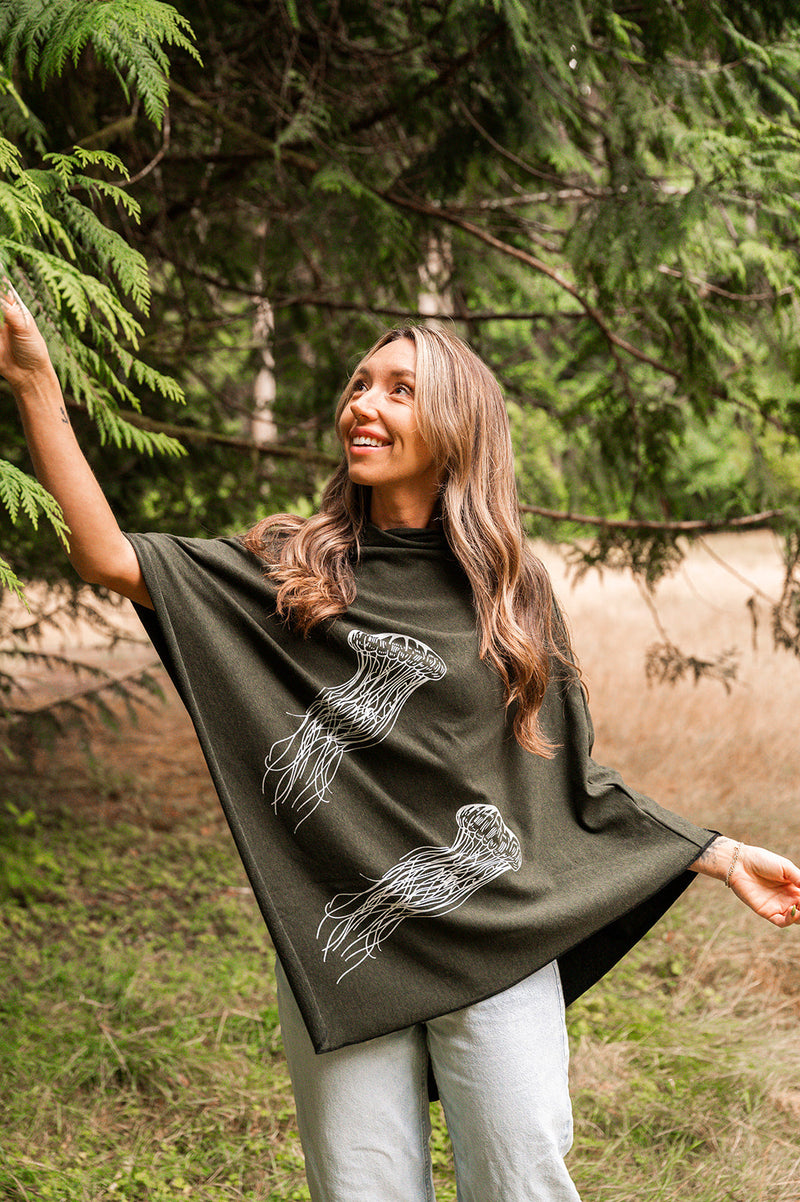 Forest Green Poncho with Jellyfish Print-1