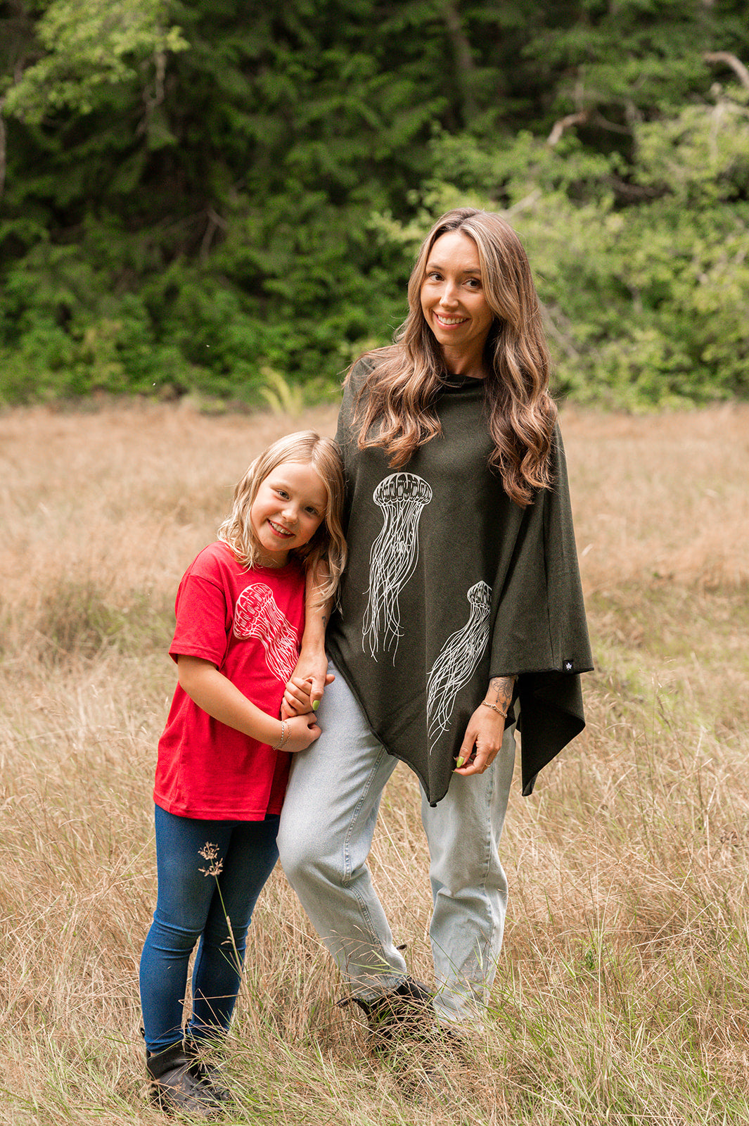 Forest Green Poncho with Jellyfish Print-2