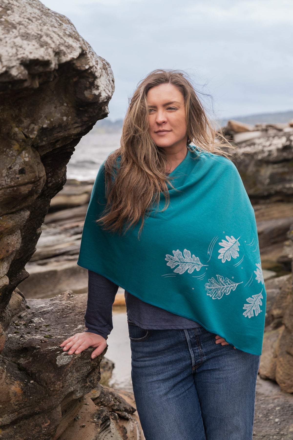 Peacock Poncho with Oak Leaves Print-1