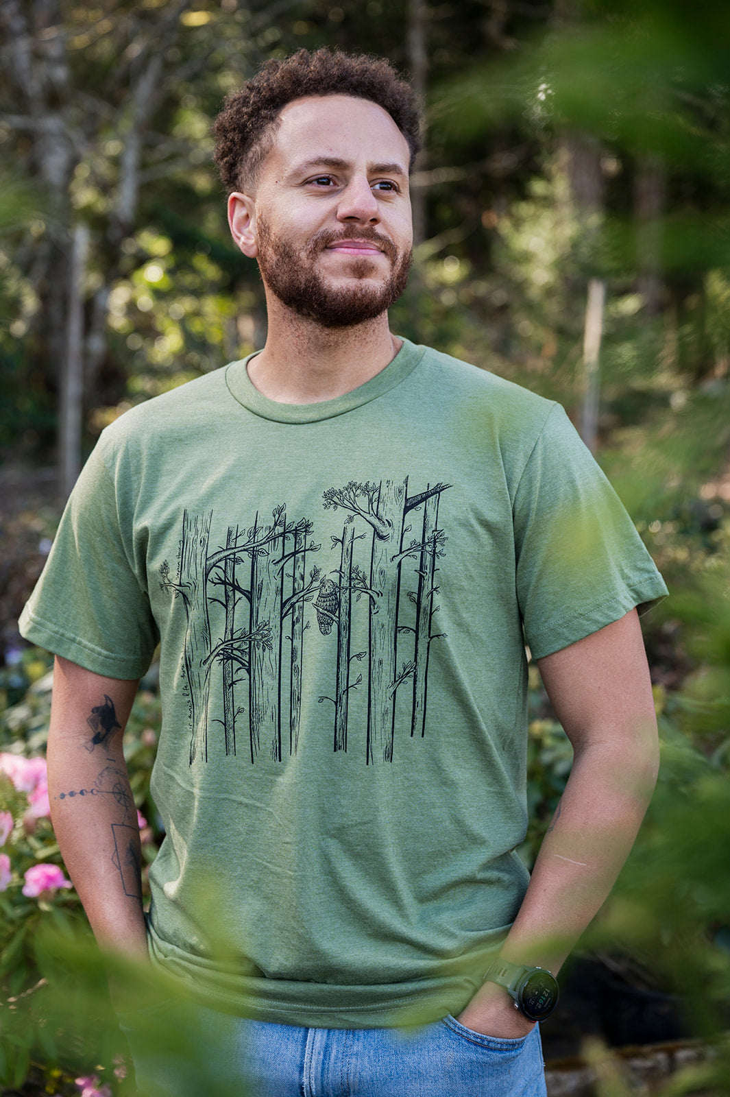 SPRING TREES - Unisex Eco Tee - Heather Army Green-1