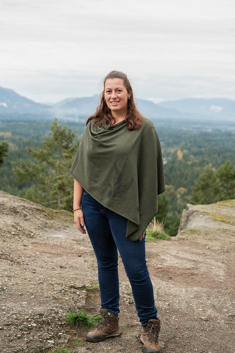 Forest Green Poncho with Fern Print-1