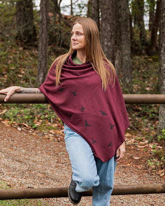 Merlot Poncho with Birds Print-1