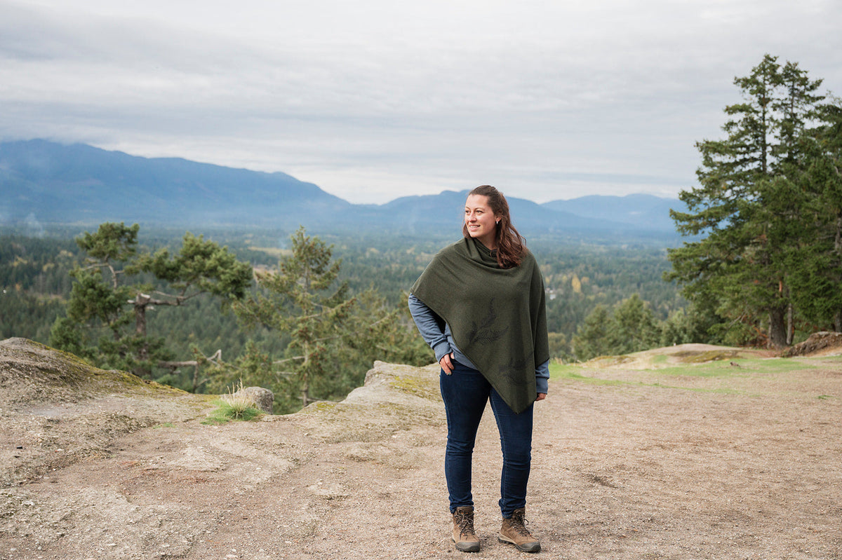 Forest Green Poncho with Fern Print-2