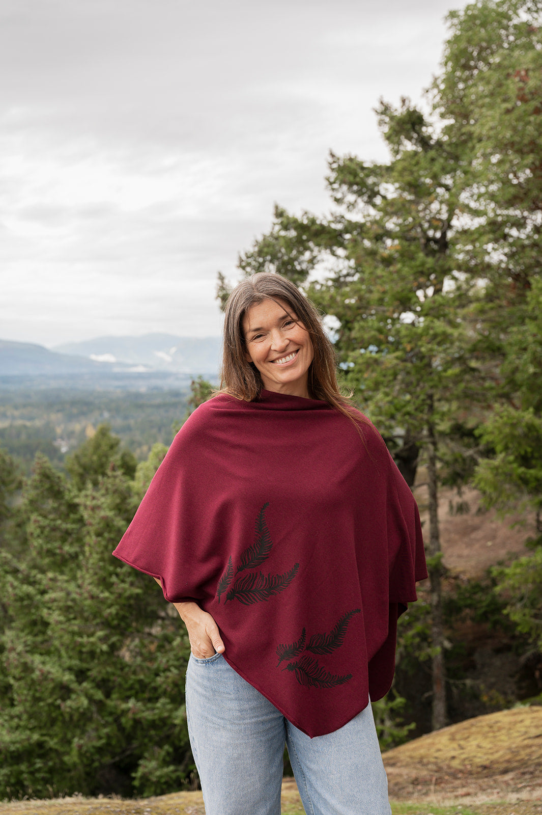 Merlot Poncho with Fern Print-1