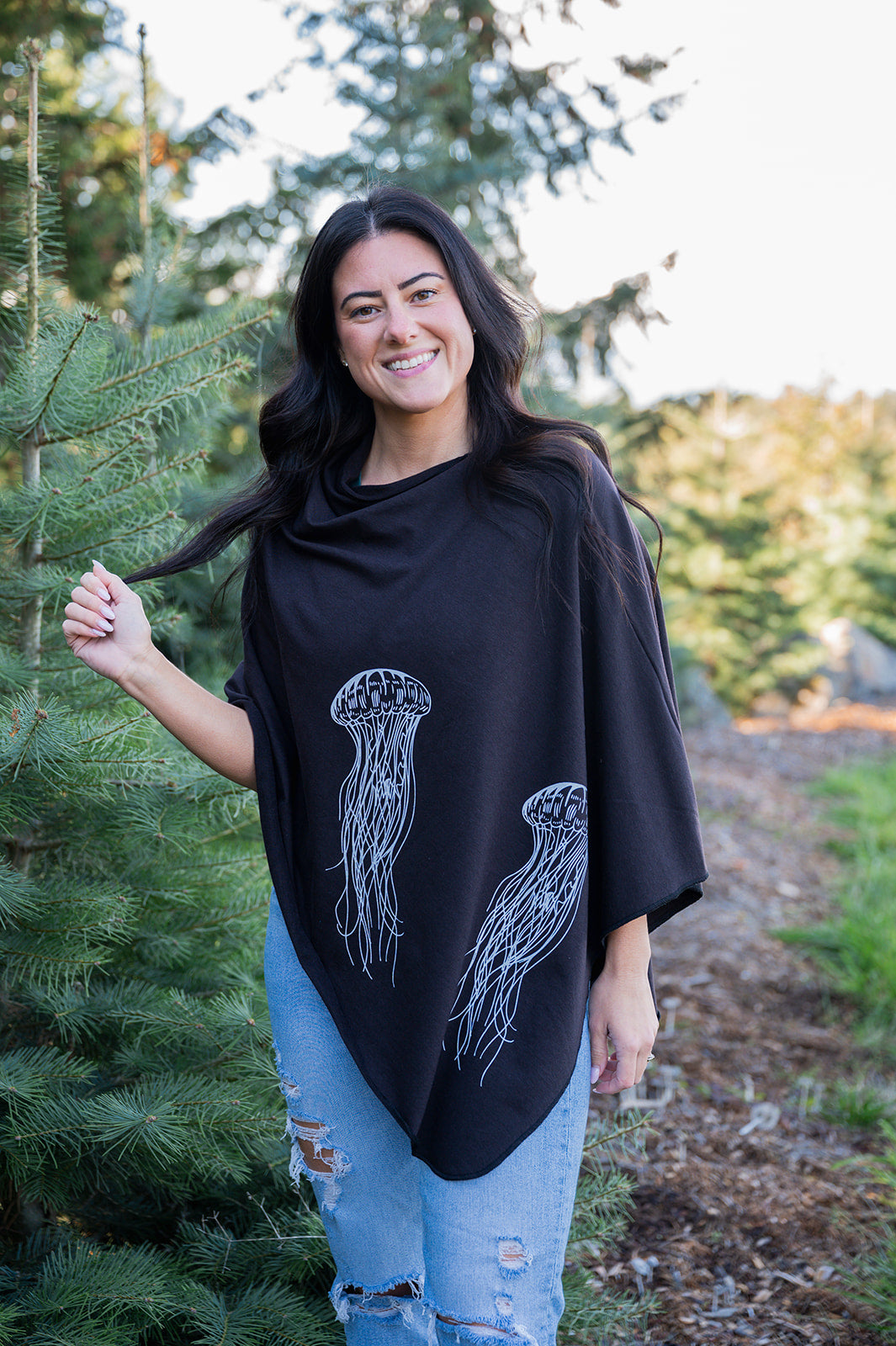 Raven Black Poncho with Jellyfish Print-1
