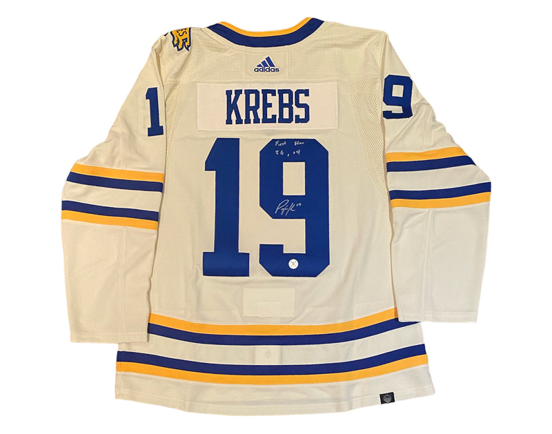 Jersey Adidas de los Buffalo Sabres 2022 Heritage Classic autografiado por Peyton Krebs con la inscripción "First Star 2G, +4"-1