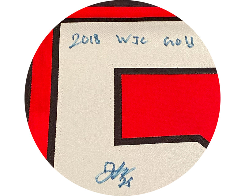 Jersey Nike rojo de local del equipo de Canadá autografiado por Jordan Kyrou con la inscripción "2018 WJC Gold"-2