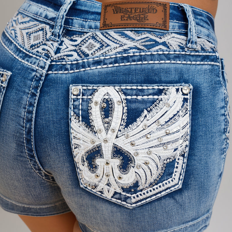 Westfield Eagle Women’s Embroidered Stretchy Denim Shorts. Low Rise Studded Shorts with Rhinestones-4